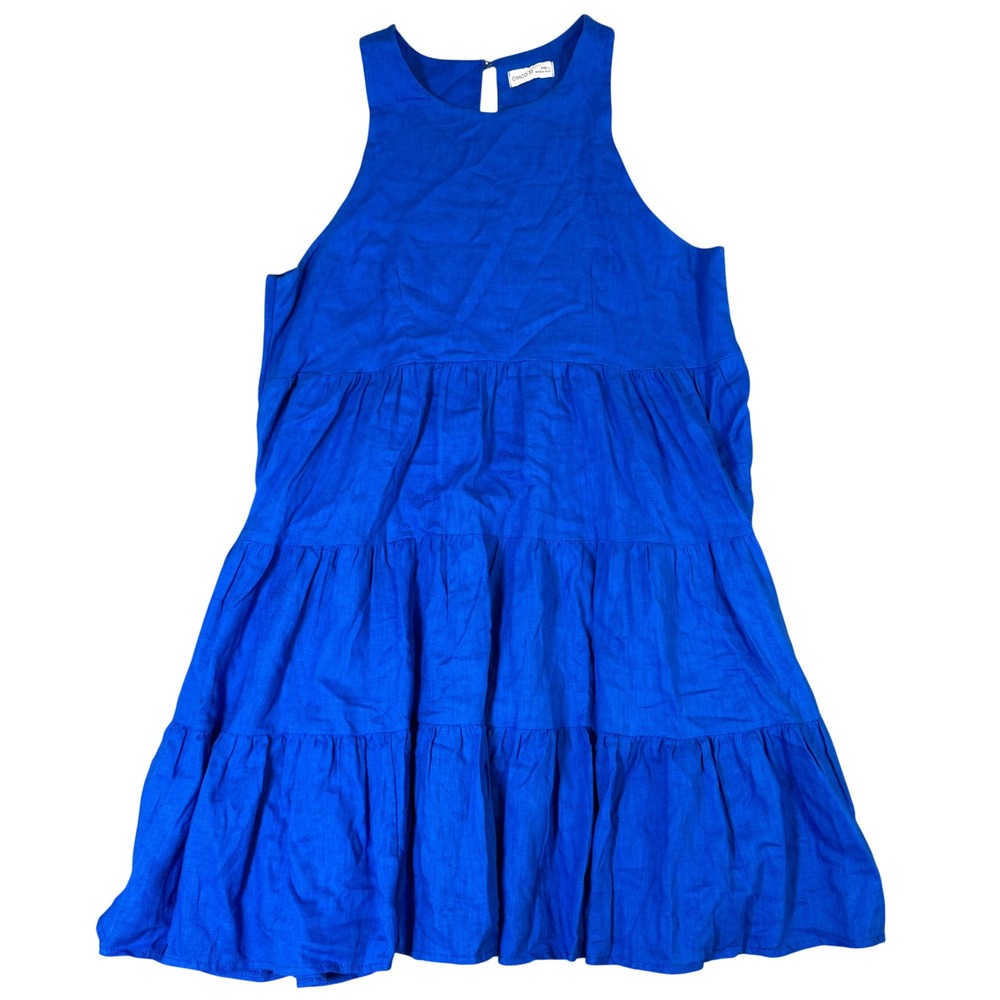 Civico 51 Italy Linen Cotton Tiered Mini Dress Blue Sleeveless Halter Large